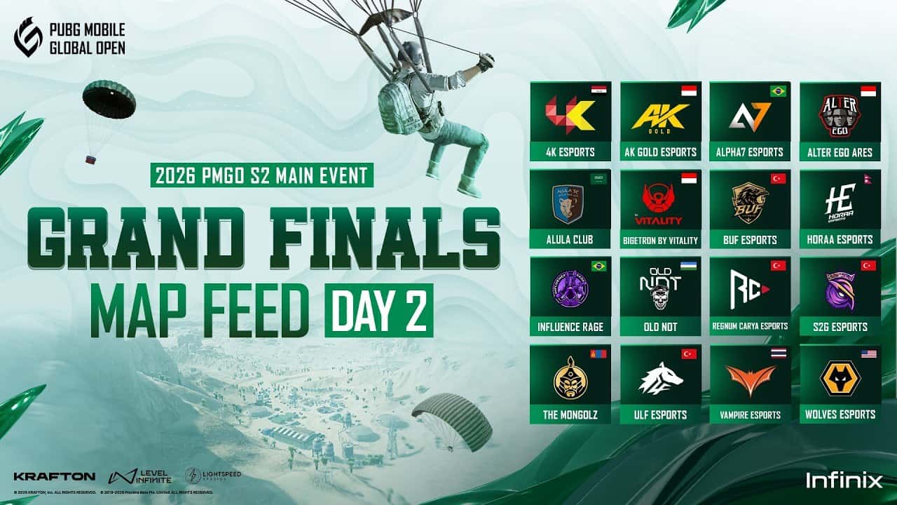 Paraşütle atlayan PUBG MOBILE karakteri ve 16 finalist takımın logolarıyla 2026 PMGO S2 Grand Finals resmi görseli