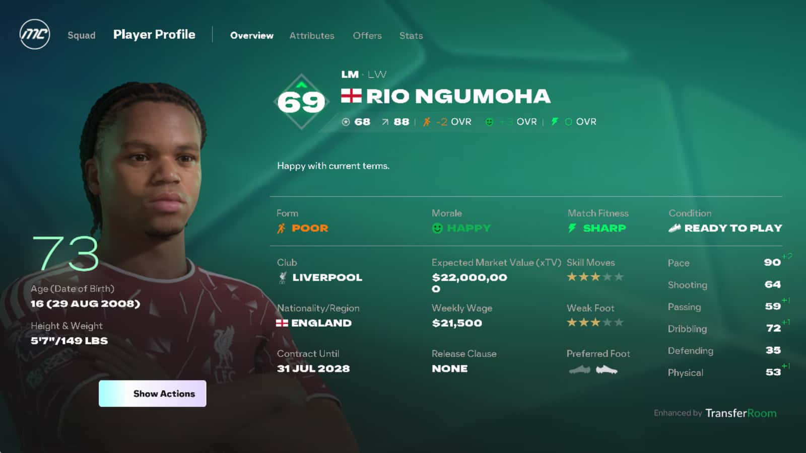FC 27 kariyer modunda Rio Ngumoha'nın oyuncu profili: reyting, potansiyel, form, moral ve sözleşme bilgileri