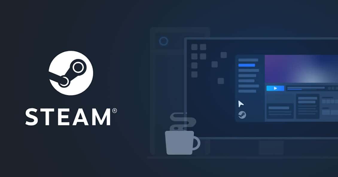 Koyu mavi arka planda Steam logosu ve masada bir kahve fincanıyla Steam arayüzünü gösteren resmi Steam görseli