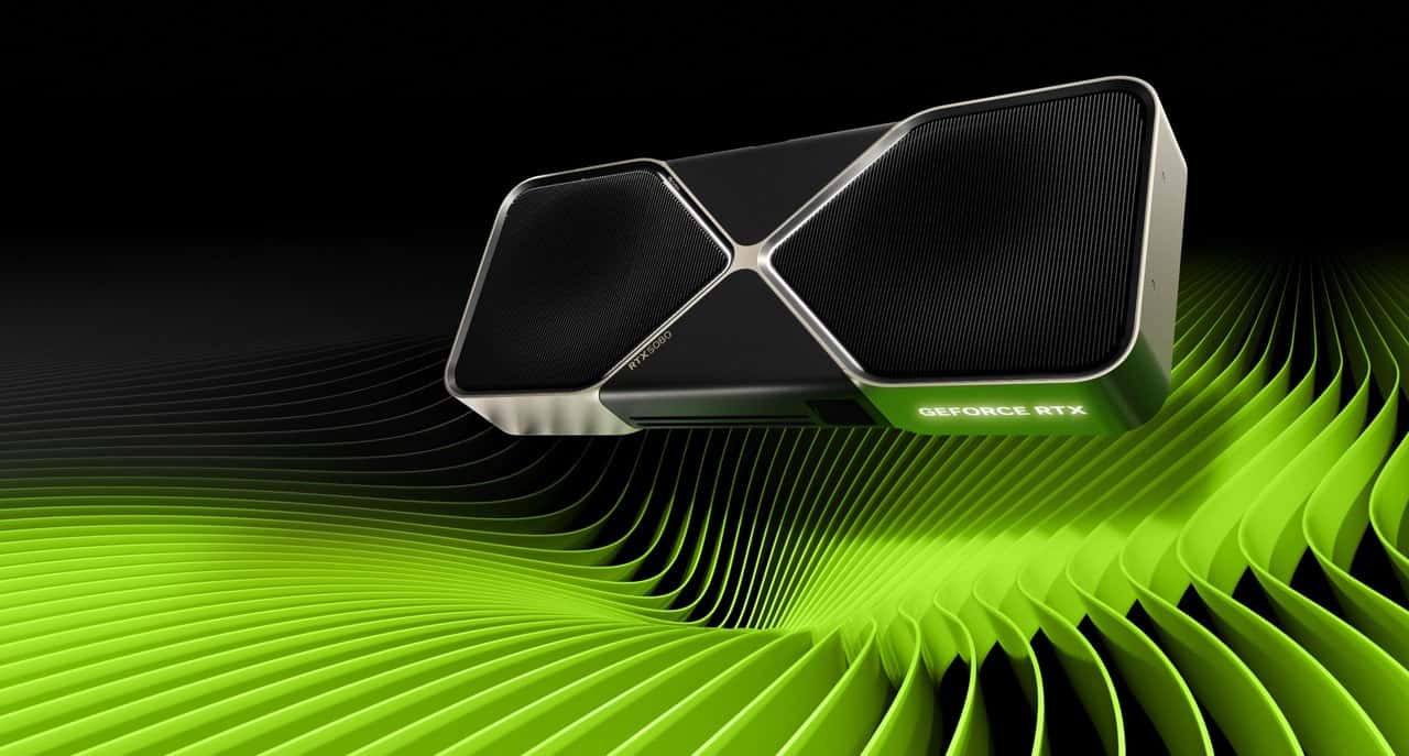 NVIDIA GeForce RTX 5080 Founders Edition ekran kartının yeşil dalgalar üzerindeki resmi ürün görseli