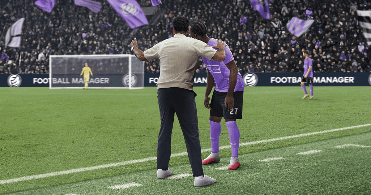 Football Manager 27 resmi tanıtım görseli: menajer ve oyuncusu saha kenarında