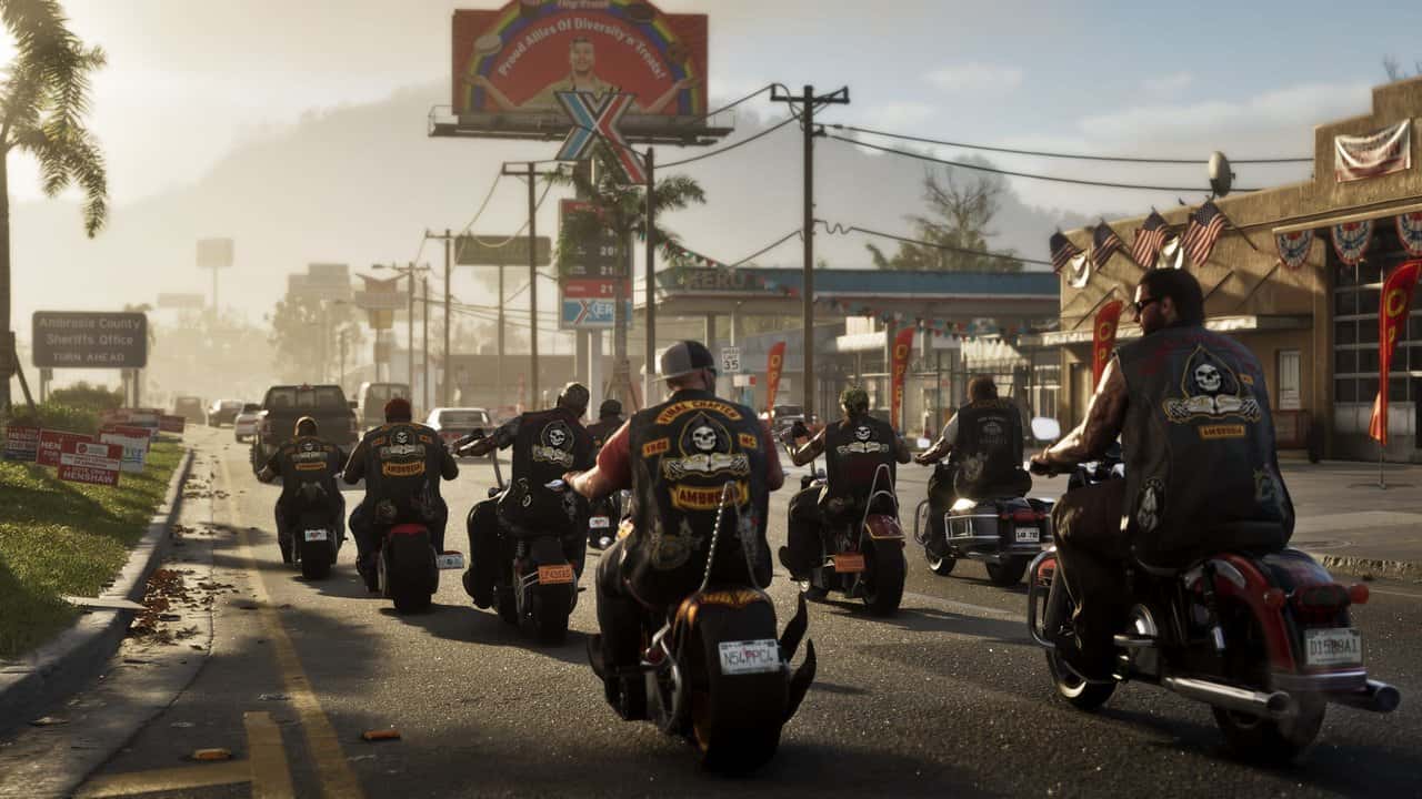 GTA 6'nın Ambrosia bölgesinde motosikletli bir grubun yolda ilerlediği resmi ekran görüntüsü