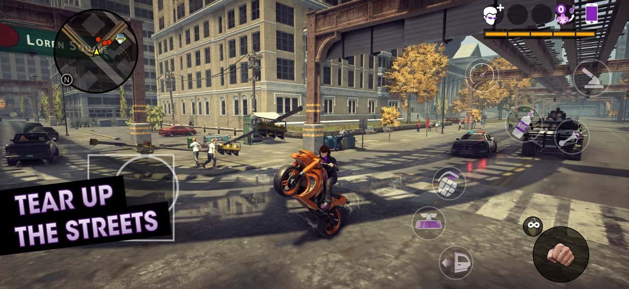 Saints Row: The Third Remastered mobil sürümünde dokunmatik kontrollerle motosiklet sürüşü