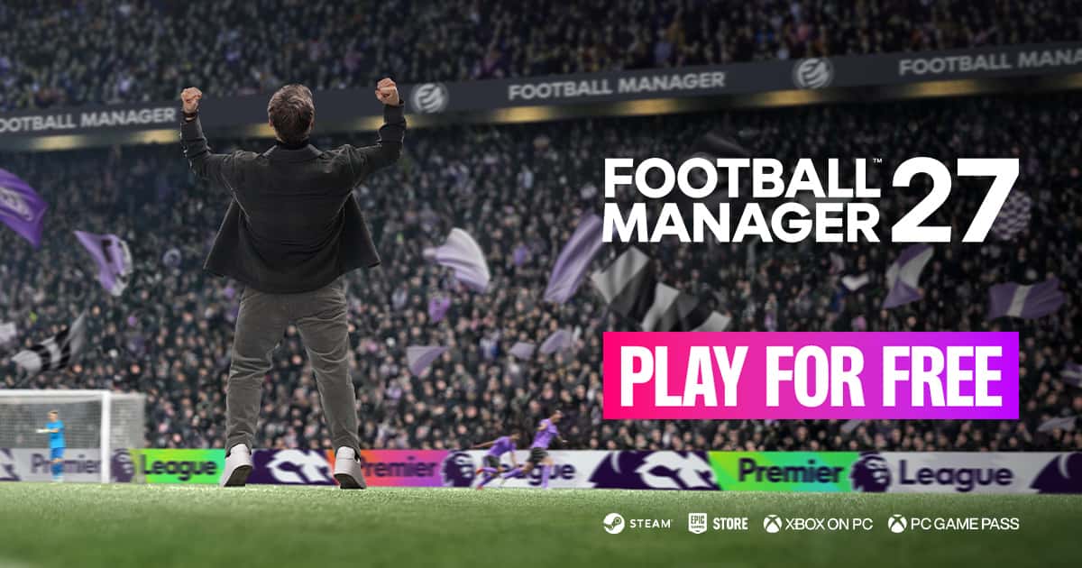 FM 27 Launch Preview resmi görseli: 'Play for Free' yazısı ve sevinen menajer