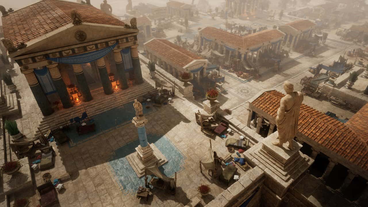 A Titan Quest II city filled with ancient Greek temples and statues