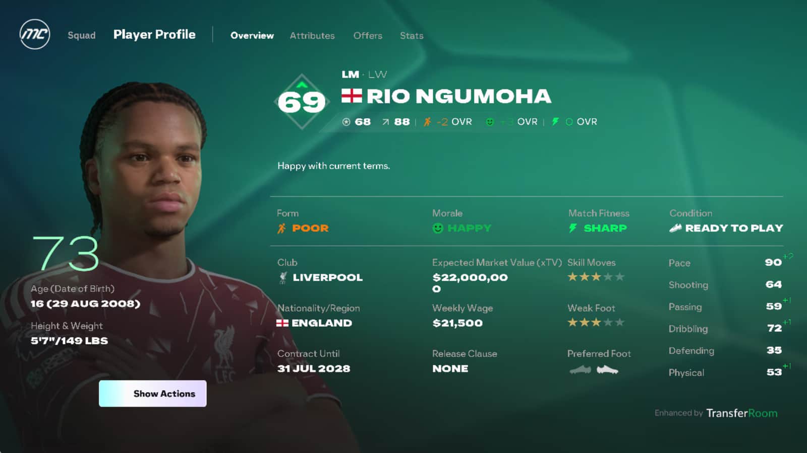 FC 27 kariyer modunda Rio Ngumoha'nın oyuncu profili: reyting, potansiyel, form, moral ve sözleşme bilgileri