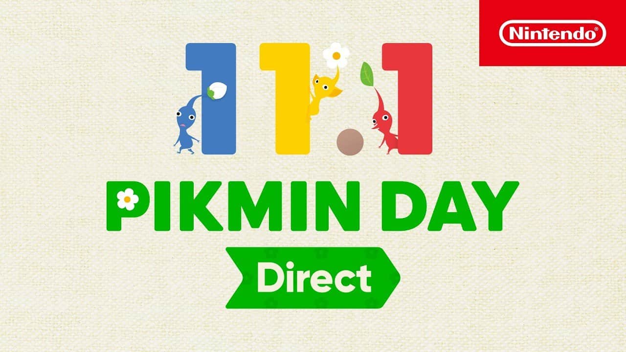 Pikmin Day Direct logosu ve 11.1 tarihini oluşturan üç Pikmin