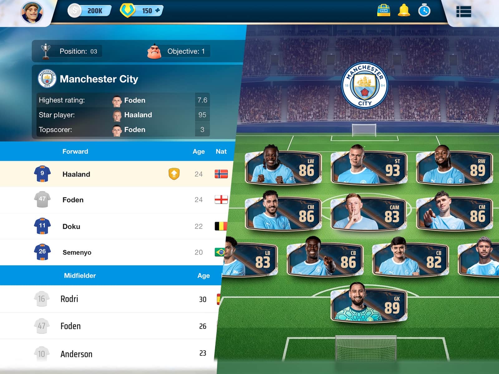 OSM kadro ekranı: Manchester City oyuncu listesi ve sahadaki diziliş