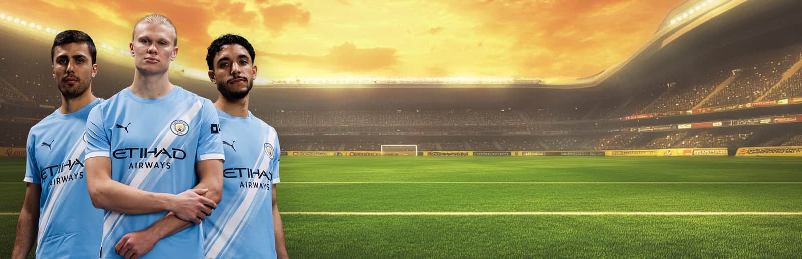 Soccer Manager 2027 Steam tanıtım görseli: Manchester City oyuncuları ve stadyum