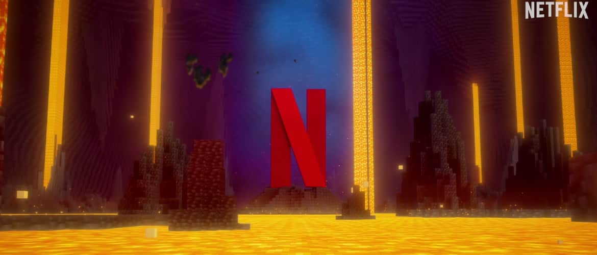 Minecraft evreninde lav ve ışık sütunları arasında Netflix logosu