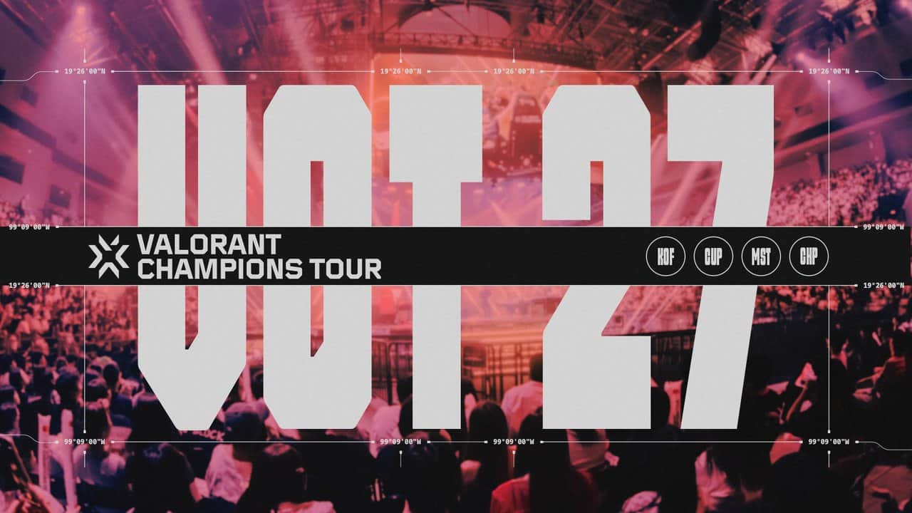 Kalabalık bir espor salonu önünde dev VCT 27 yazısı ve VALORANT Champions Tour logosu