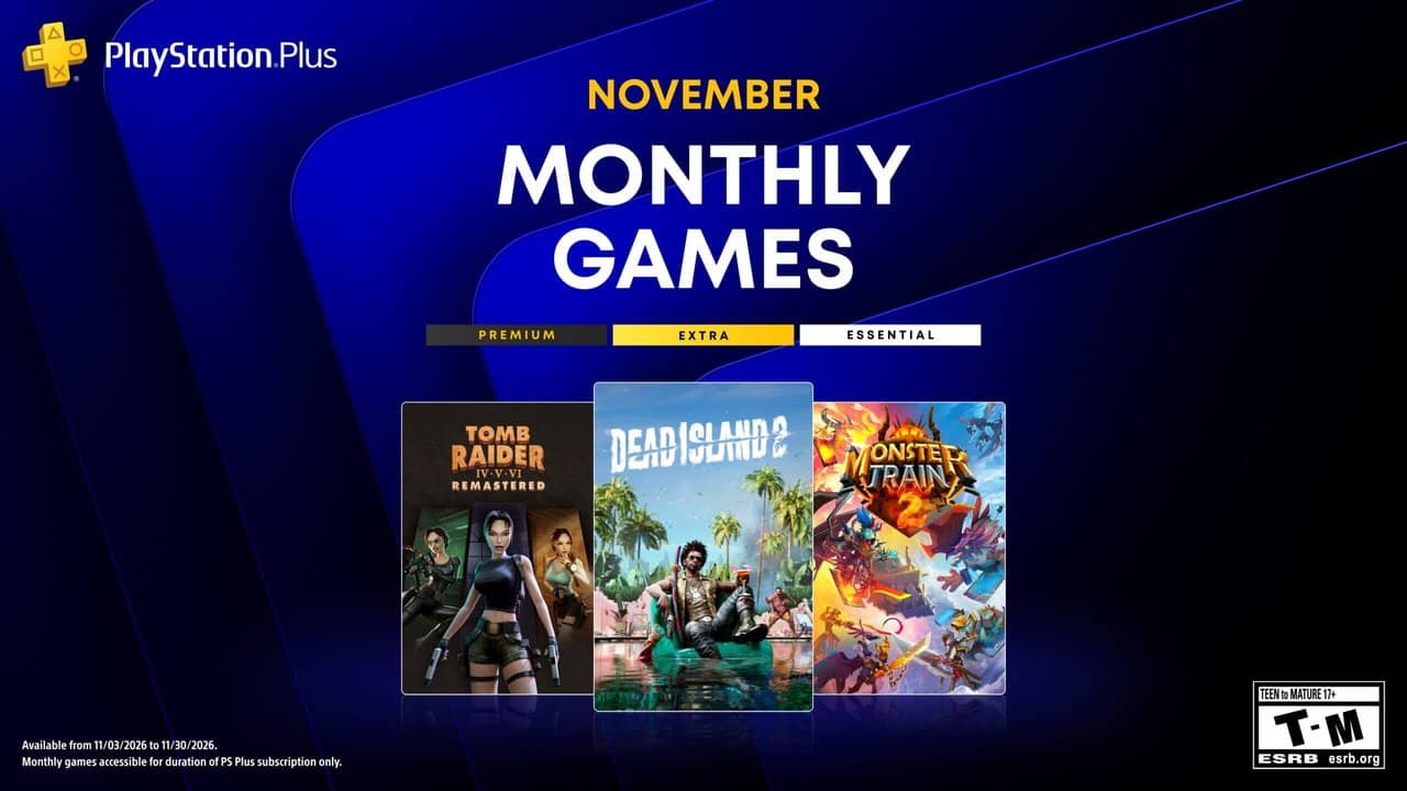 PlayStation Plus Kasım 2026 aylık oyunları Dead Island 2, Tomb Raider IV-VI Remastered ve Monster Train 2 resmi duyuru görseli