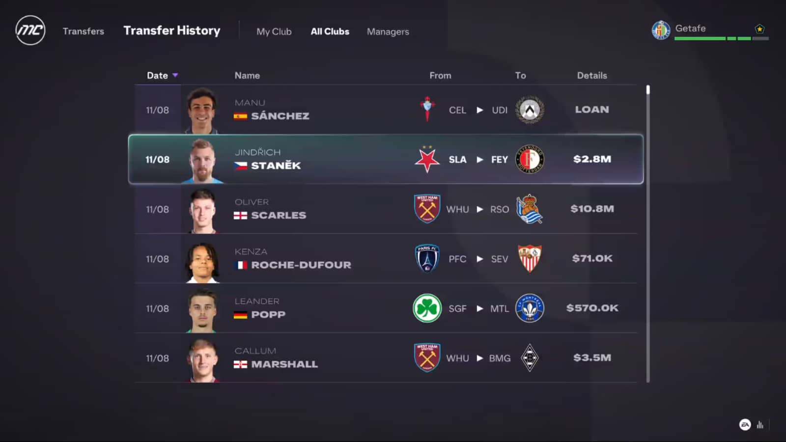 FC 27 kariyer modunda transfer geçmişi ekranı: kiralık ve bonservisli transferler