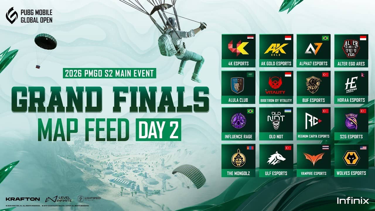 Paraşütle atlayan PUBG MOBILE karakteri ve 16 finalist takımın logolarıyla 2026 PMGO S2 Grand Finals resmi görseli
