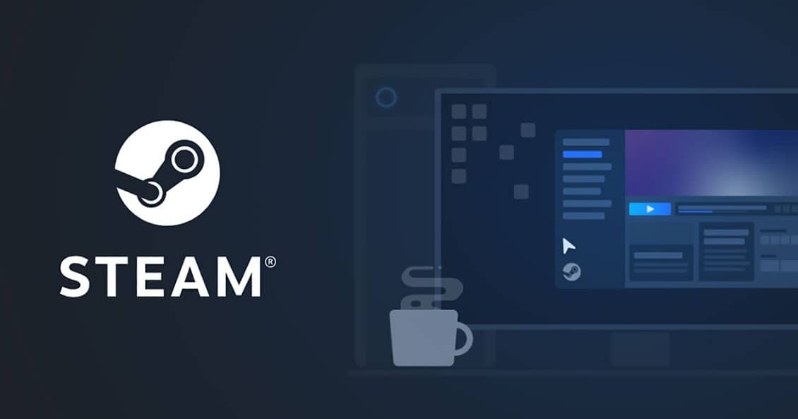 Koyu mavi arka planda Steam logosu ve masada bir kahve fincanıyla Steam arayüzünü gösteren resmi Steam görseli