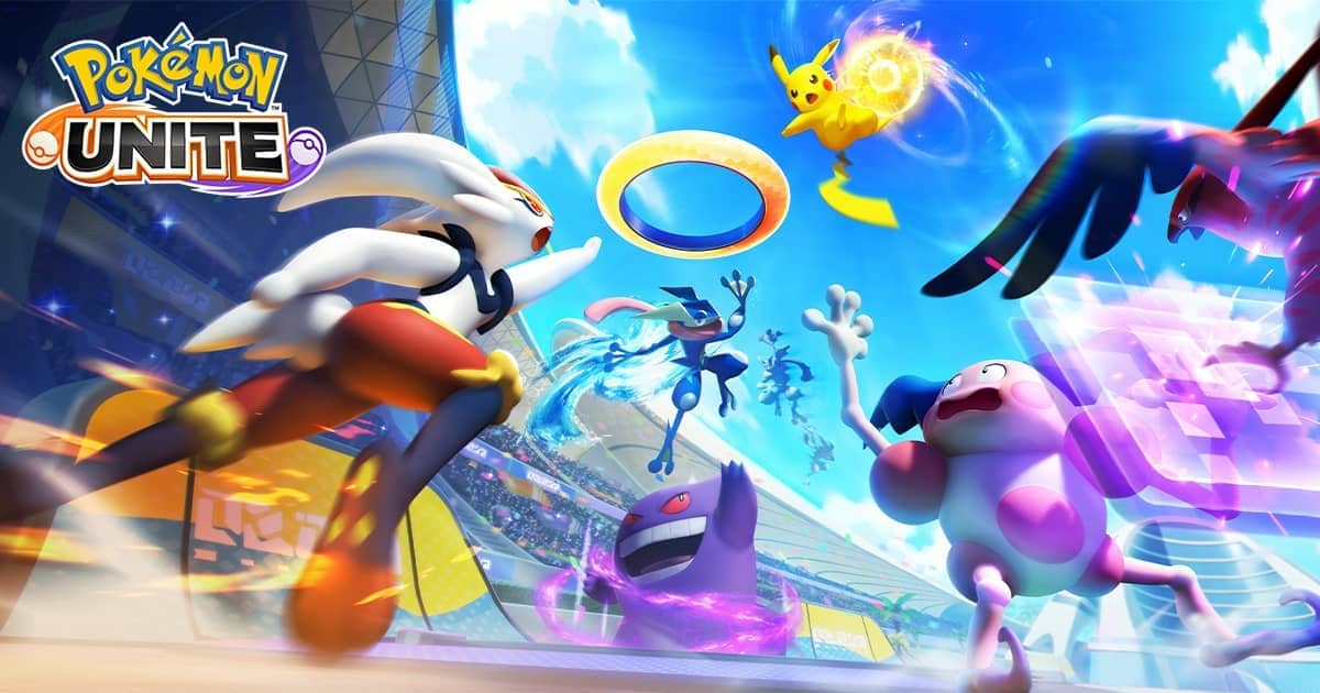 Pokémon UNITE logosunun önünde savaşa hazırlanan Pokémon karakterleri