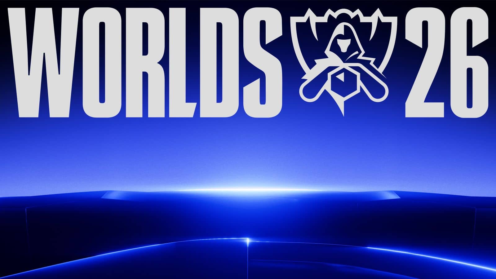 Mavi ışıklı sahne zemini üzerinde Worlds 2026 resmi logosu (Riot Games / LoL Esports)