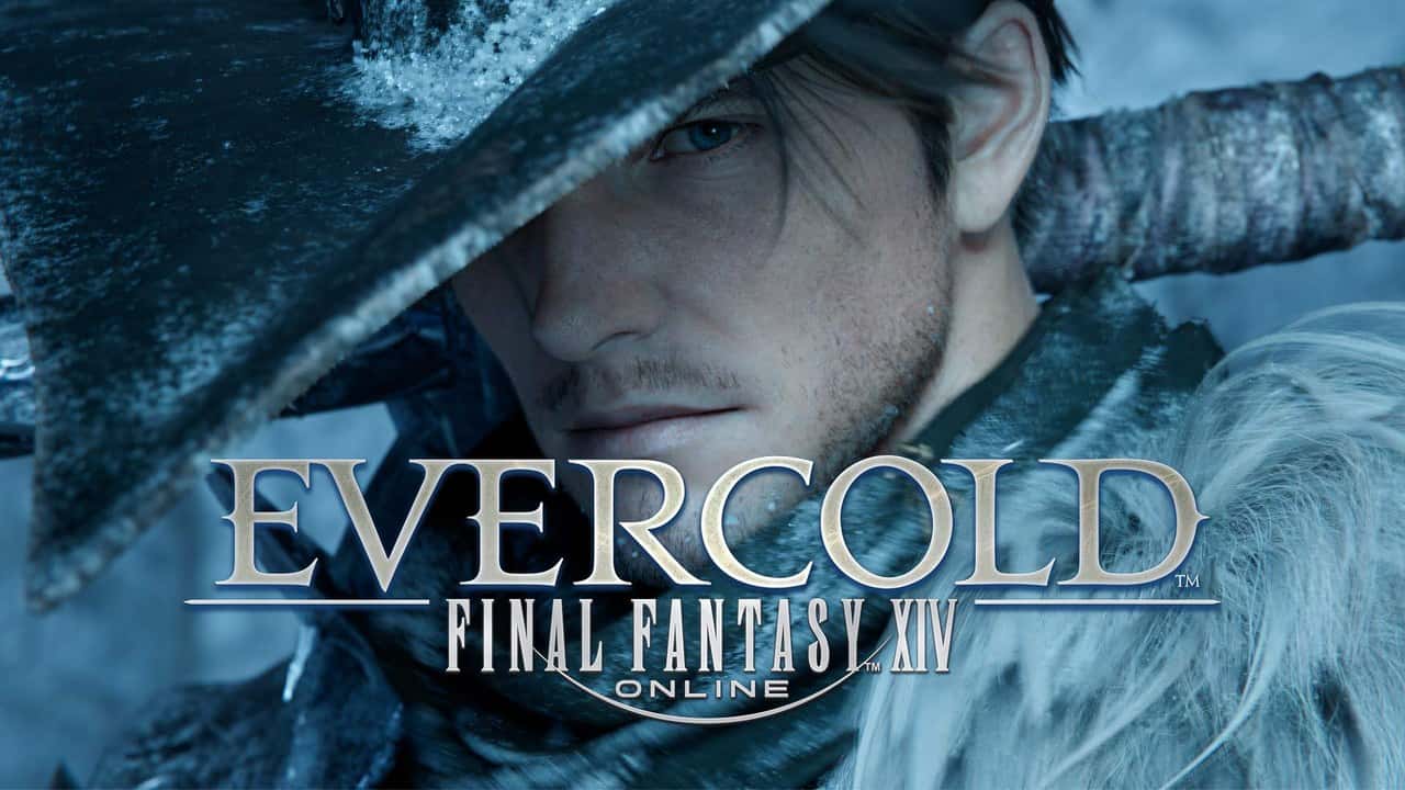 Final Fantasy XIV Evercold logosu ve karlı manzarada kapüşonlu bir karakter