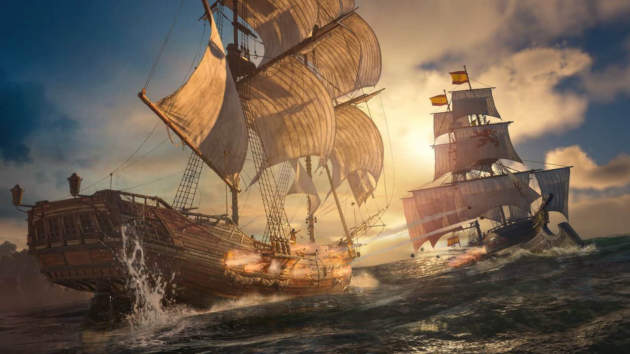 Assassin's Creed Black Flag Resynced'de gün batımında top ateşiyle çarpışan yelkenli gemiler