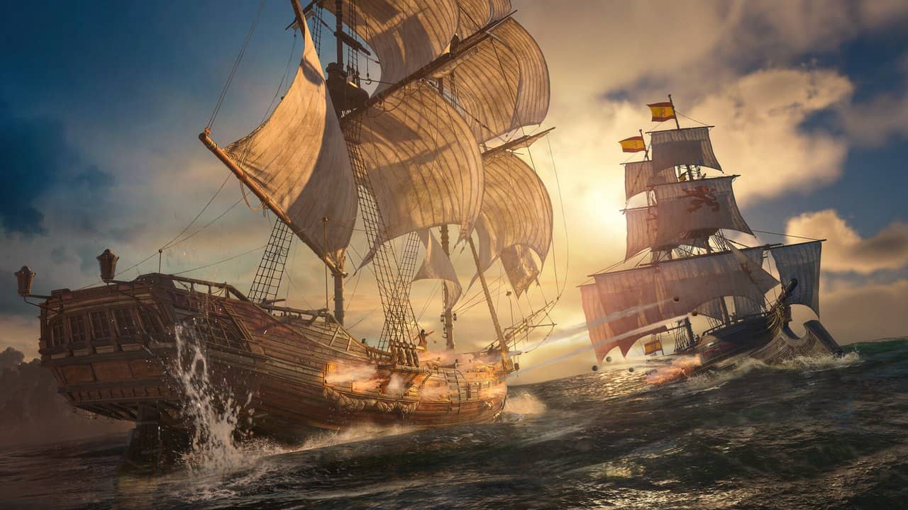 Assassin's Creed Black Flag Resynced'de gün batımında top ateşiyle çarpışan yelkenli gemiler