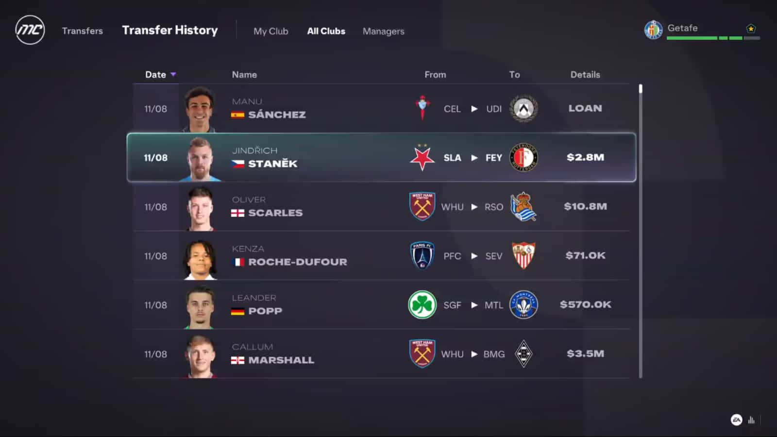 FC 27 kariyer modunda transfer geçmişi ekranı: kiralık ve bonservisli transferler