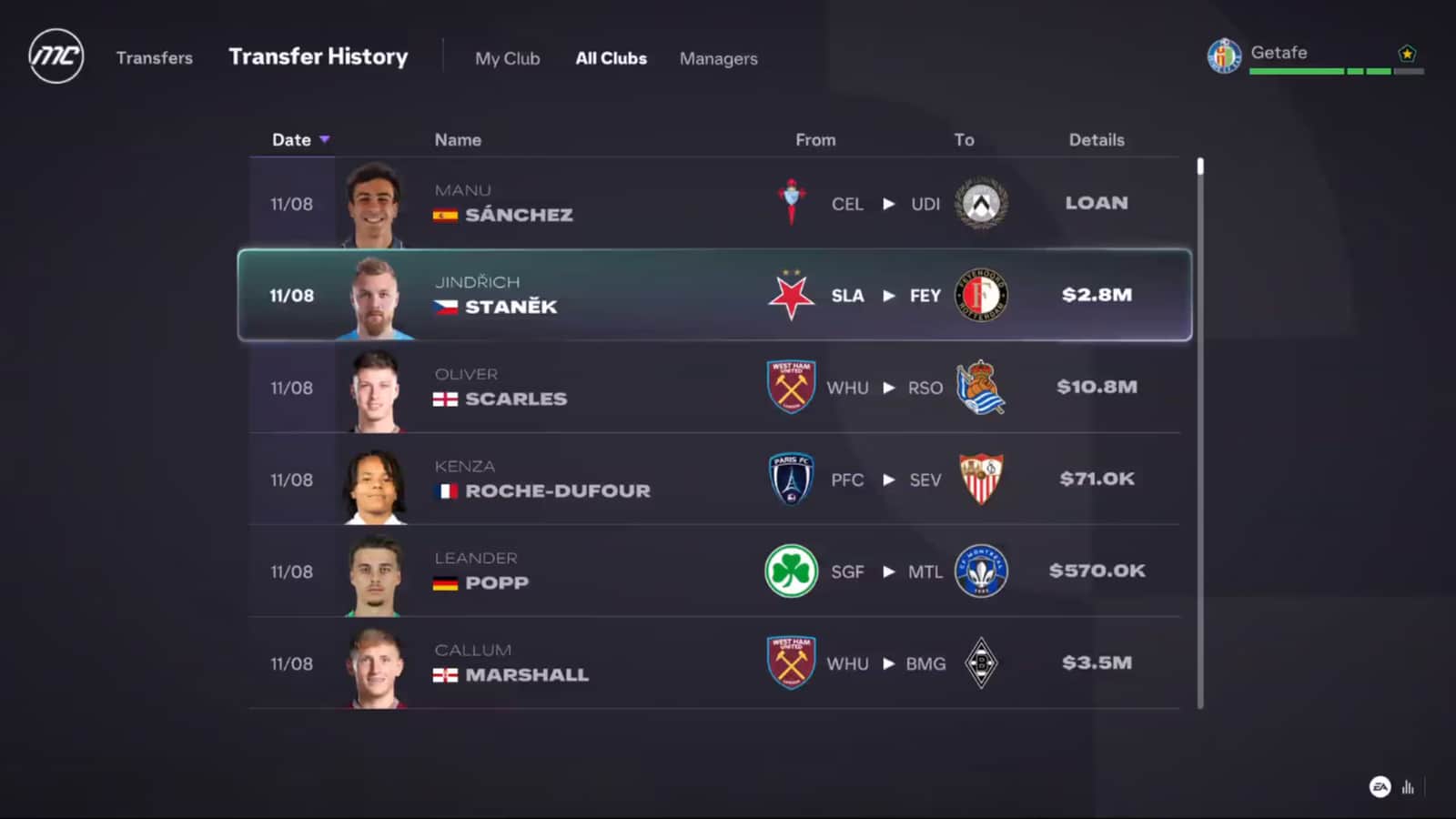 FC 27 kariyer modunda transfer geçmişi ekranı: kiralık ve bonservisli transferler