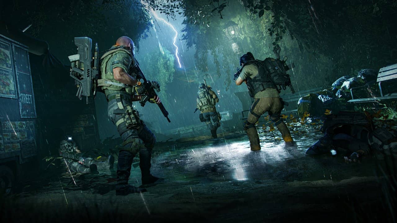 The Division 2 Echoes of Central Park'ta bitki örtüsüyle kaplı bir parkta ilerleyen ajan ekibi