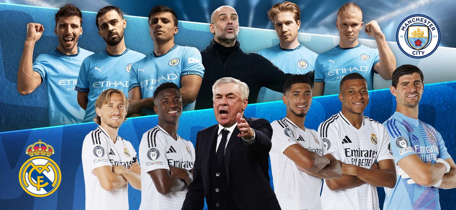 Manchester City ve Real Madrid oyuncuları ile teknik direktörlerinin yer aldığı OSM mağaza görseli
