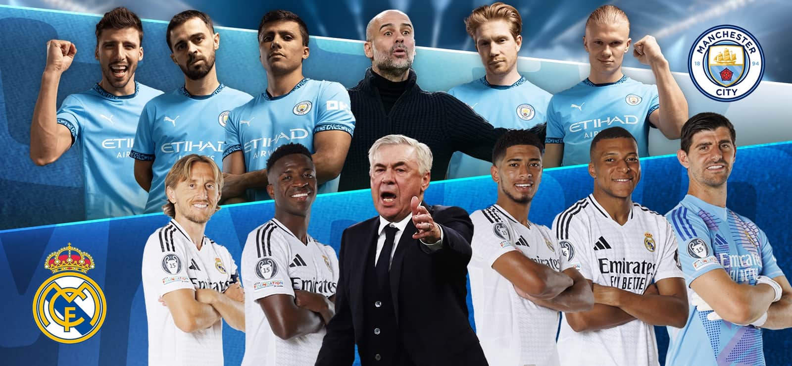 Manchester City ve Real Madrid oyuncuları ile teknik direktörlerinin yer aldığı OSM mağaza görseli