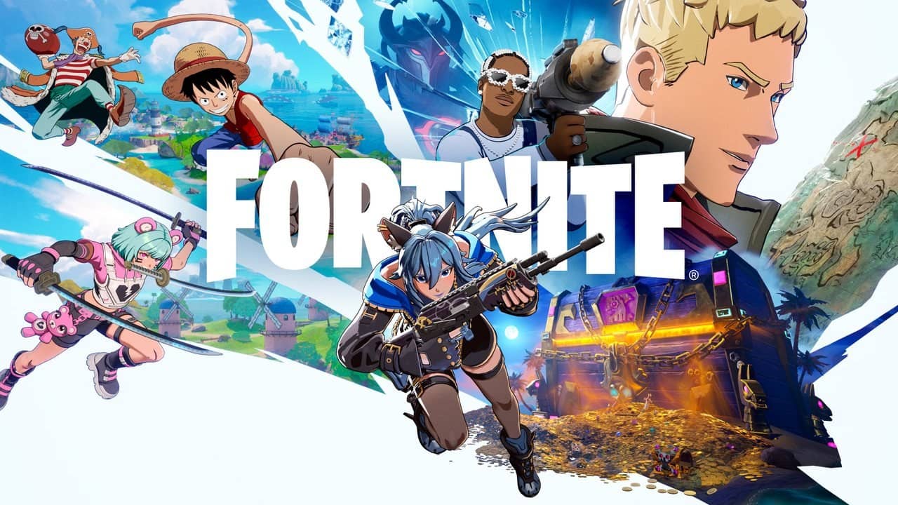 Fortnite logosu çevresinde Luffy, Jonesy ve korsan temalı karakterler