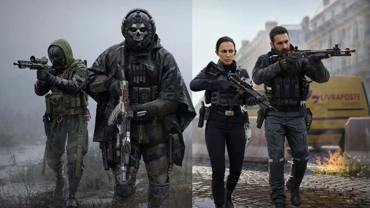 Modern Warfare 4 resmi görseli: Ghost ve silahlı operatörler çatışma bölgesinde yürüyor