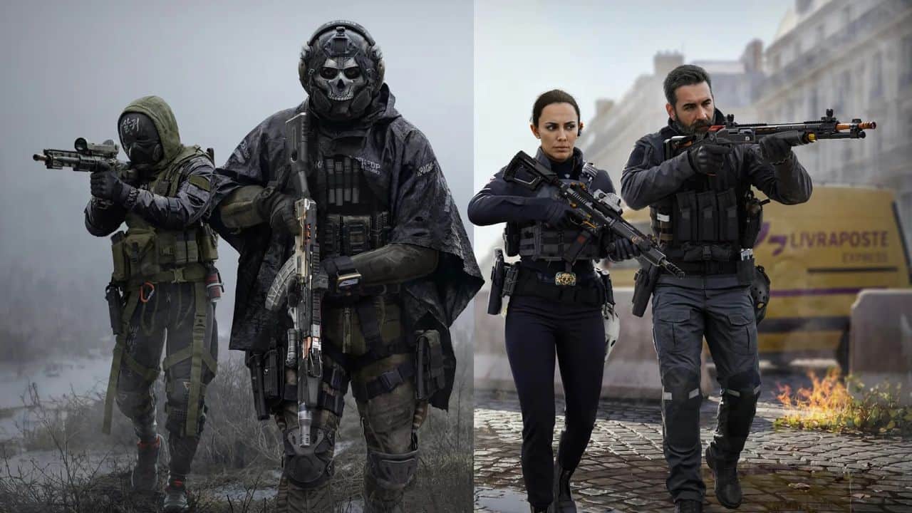 Modern Warfare 4 resmi görseli: Ghost ve silahlı operatörler çatışma bölgesinde yürüyor