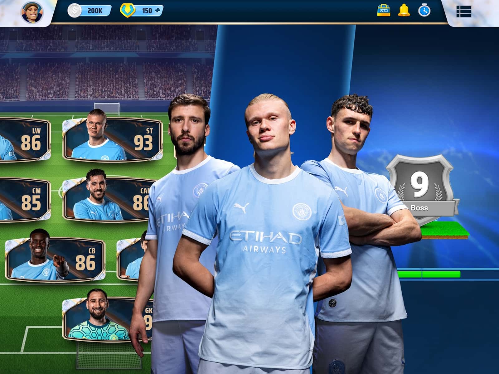 OSM menajer seviyesi ekranında Boss rozeti ve Manchester City oyuncuları