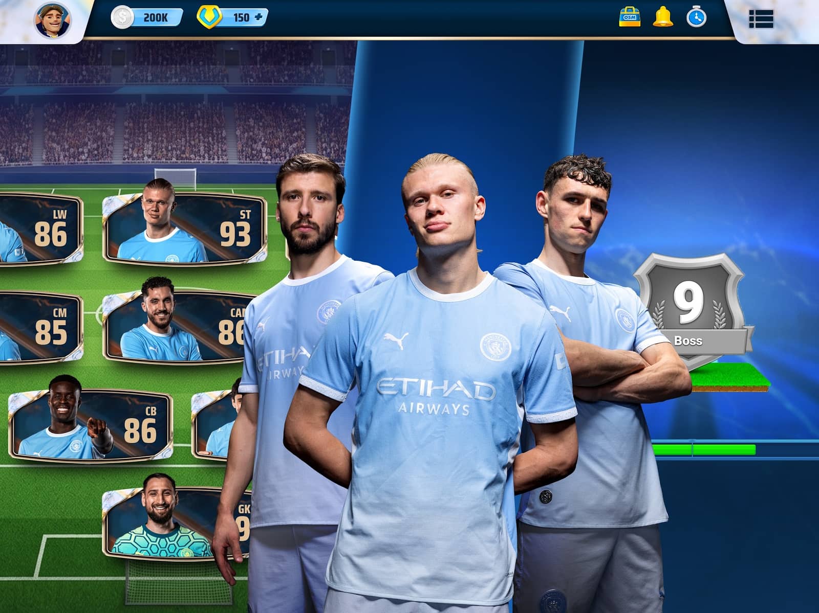 OSM menajer seviyesi ekranında Boss rozeti ve Manchester City oyuncuları