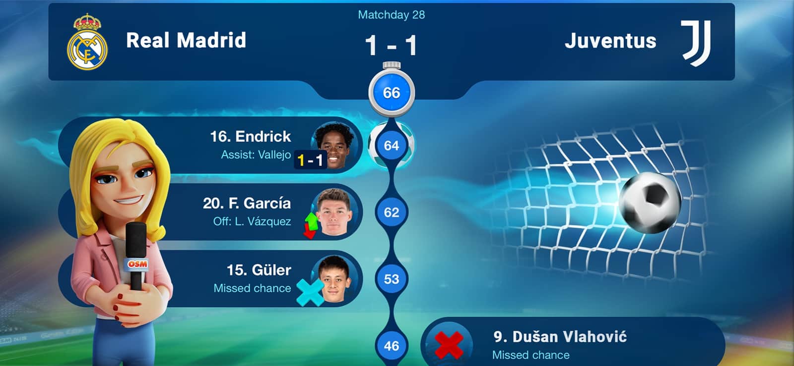 OSM maç ekranında Real Madrid–Juventus maçının canlı olay akışı