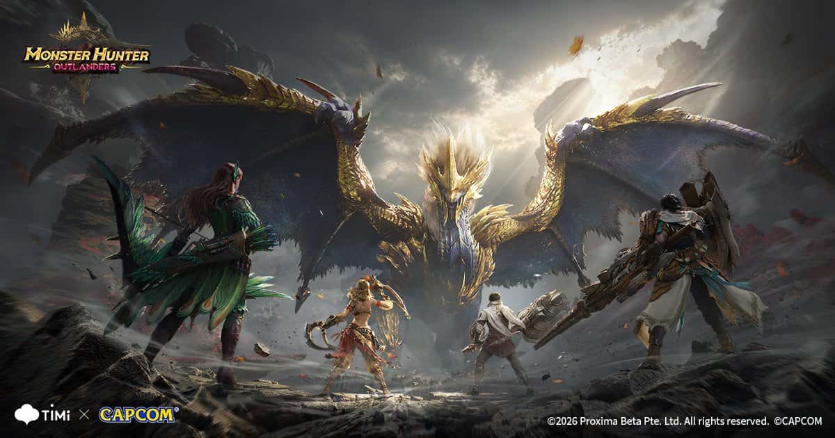 Monster Hunter Outlanders logosu ve parlayan Elder Dragon karşısındaki avcıların resmi tanıtım görseli