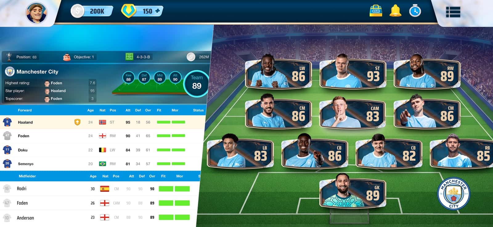 OSM kadro ekranı: Manchester City oyuncu listesi ve sahadaki diziliş