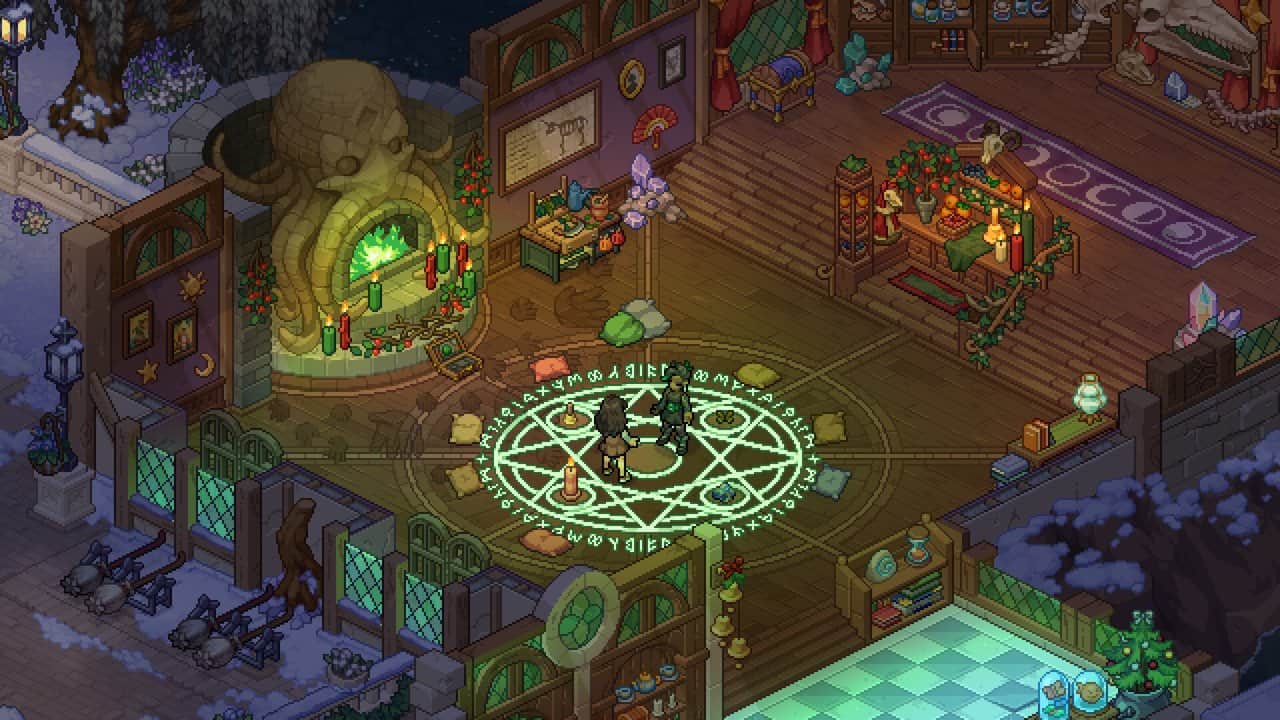 Witchbrook'ta piksel sanatla çizilmiş büyülü bir iç mekânda yeşil ışıklı daire