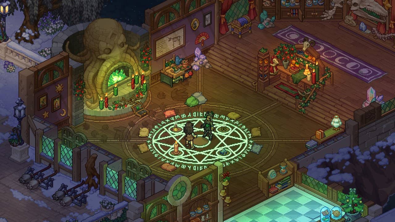 Witchbrook'ta piksel sanatla çizilmiş büyülü bir iç mekânda yeşil ışıklı daire