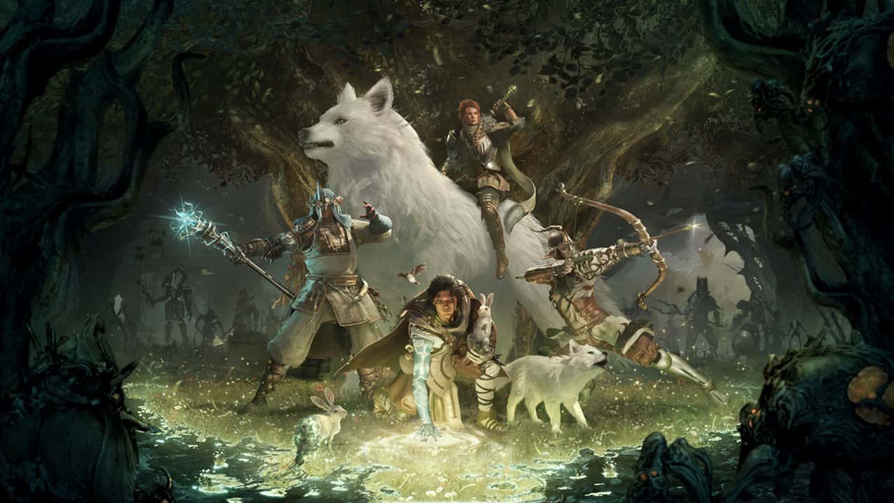 Soulframe'de dev beyaz bir kurdun yanında ormanda savaşan karakterler