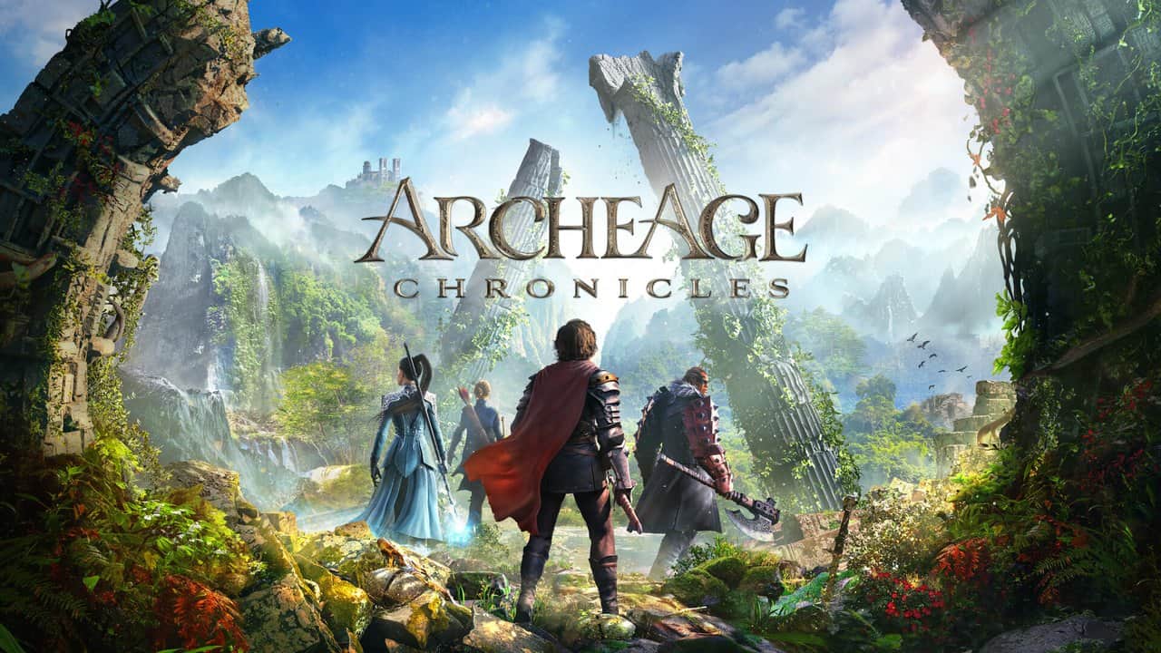 ArcheAge Chronicles logosu altında yeşil bir vadiye bakan dört maceracının yer aldığı resmi tanıtım görseli