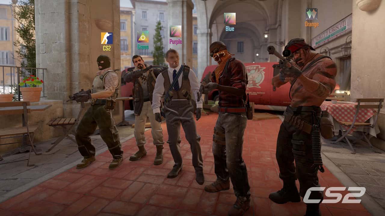 Counter-Strike 2'de güneşli bir İspanyol meydanında silahlarıyla poz veren terörist ekibi