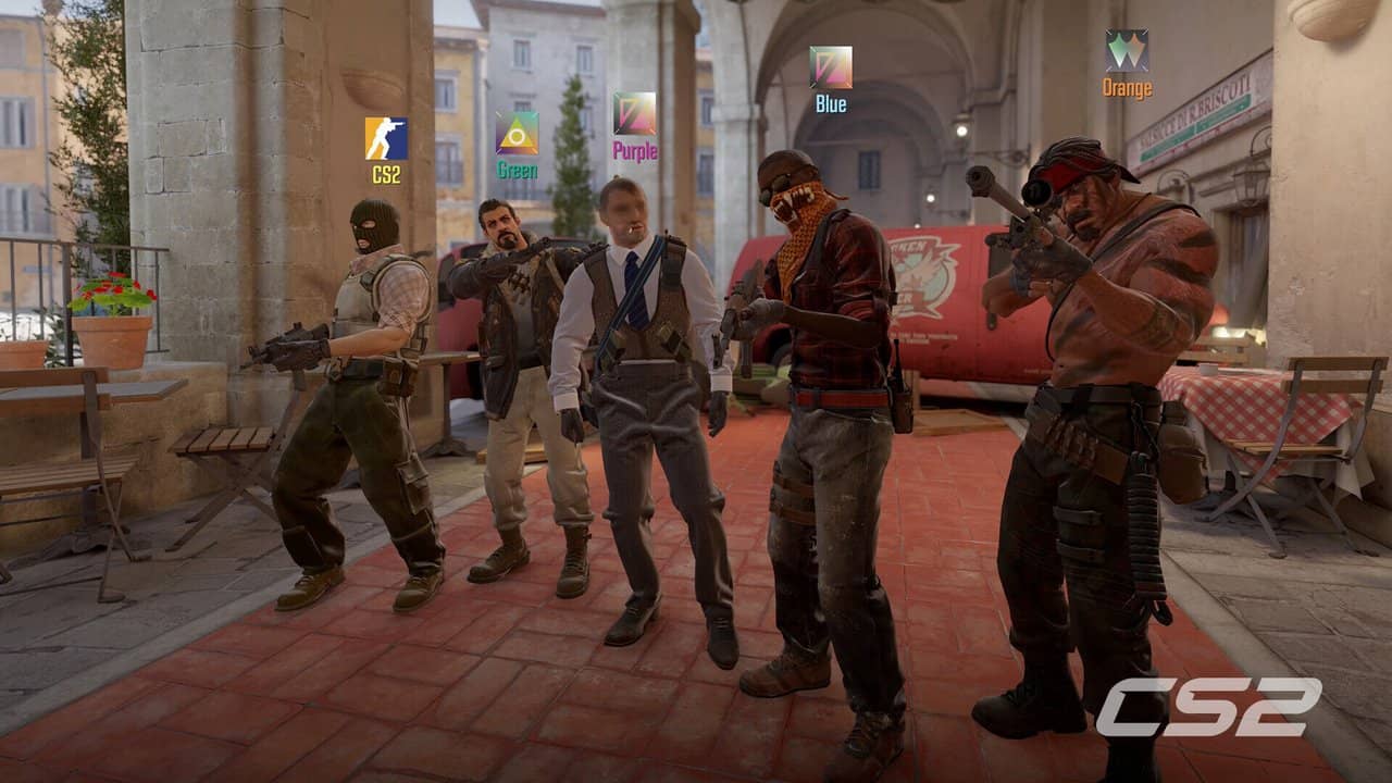 Counter-Strike 2'de güneşli bir İspanyol meydanında silahlarıyla poz veren terörist ekibi