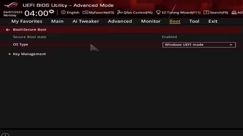 UEFI BIOS'un Boot sekmesinde Secure Boot ayarları (örnek anakart)