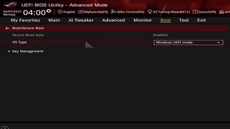 UEFI BIOS'un Boot sekmesinde Secure Boot ayarları (örnek anakart)