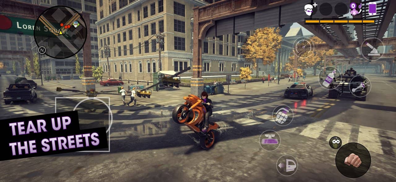 Saints Row: The Third Remastered mobil sürümünde dokunmatik kontrollerle motosiklet sürüşü