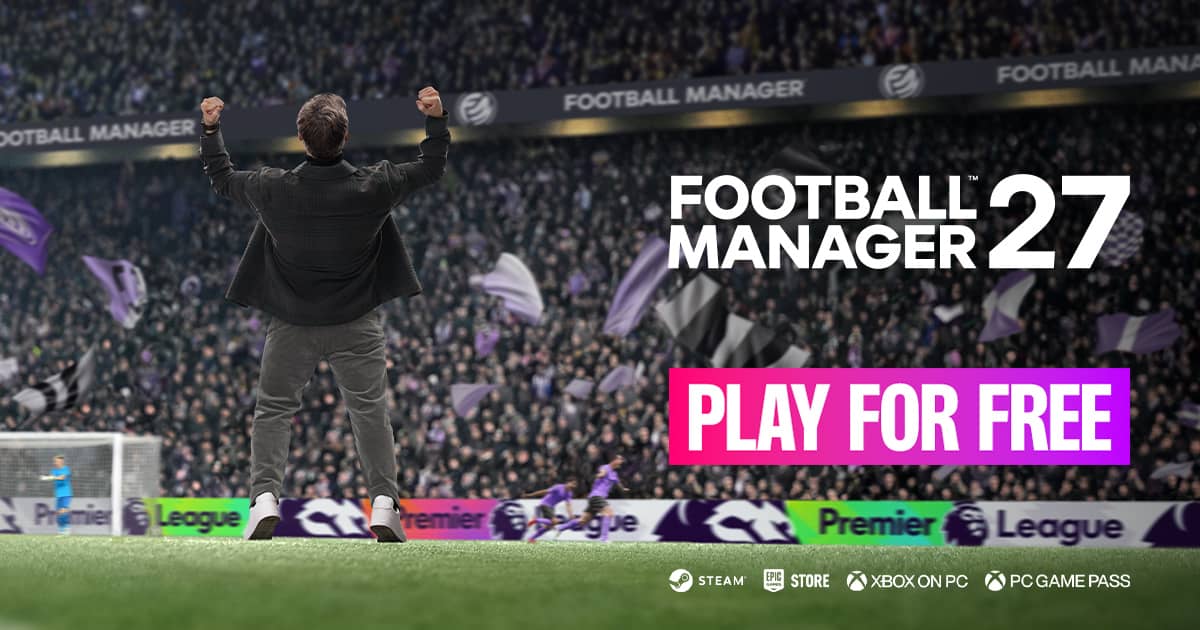 FM 27 Launch Preview resmi görseli: 'Play for Free' yazısı ve sevinen menajer