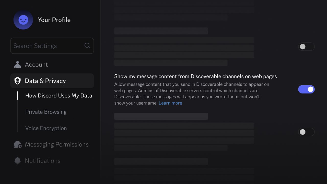 Discord Veri ve Gizlilik ekranında mesajların web'de gösterilmesini kapatan kullanıcı ayarı