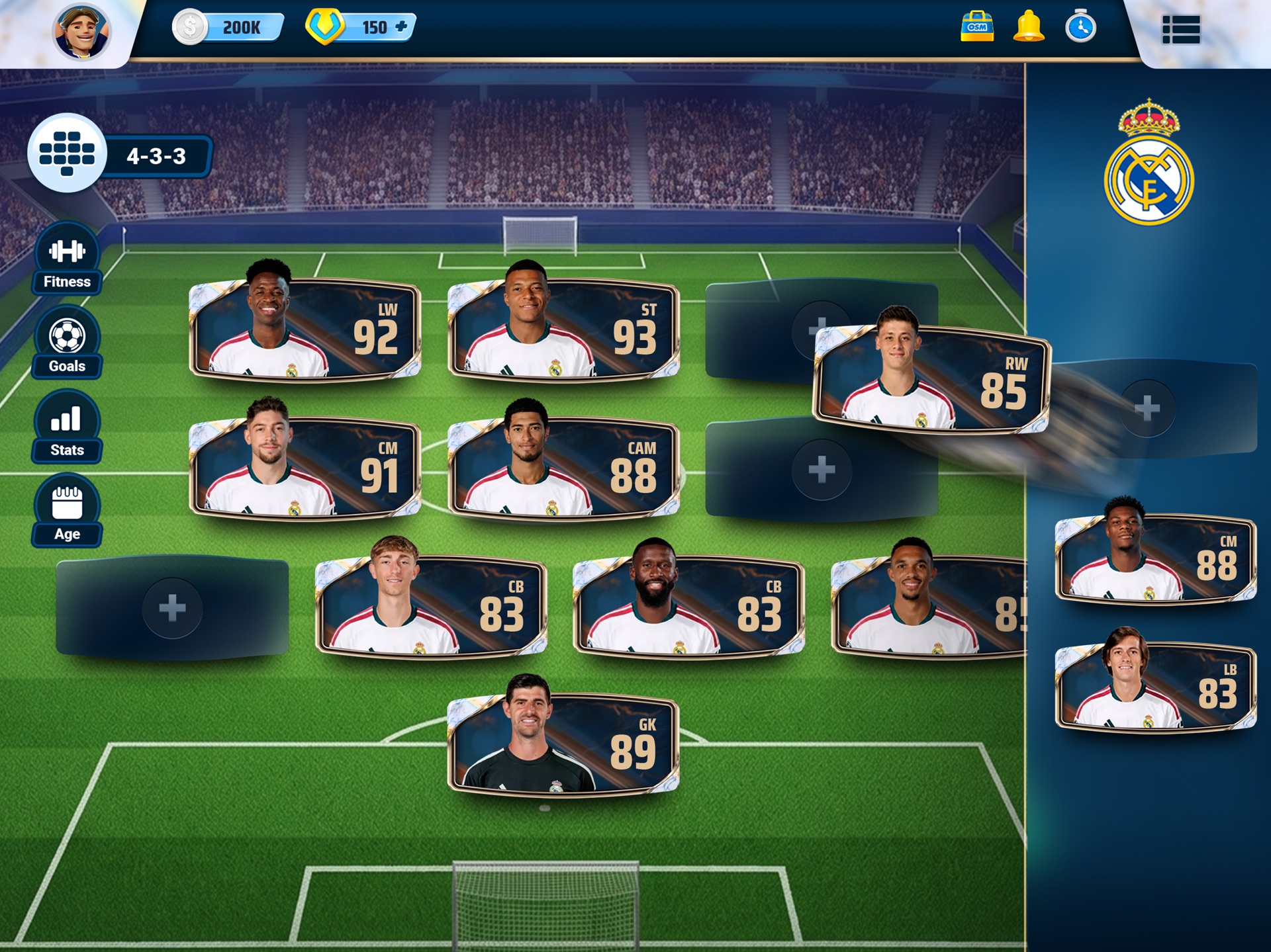 OSM diziliş ekranında 4-3-3 ile dizilmiş Real Madrid ilk on biri