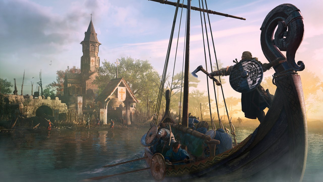 Assassin's Creed Valhalla'da kilise kulesi görünen bir kasabaya yanaşan Viking gemisi